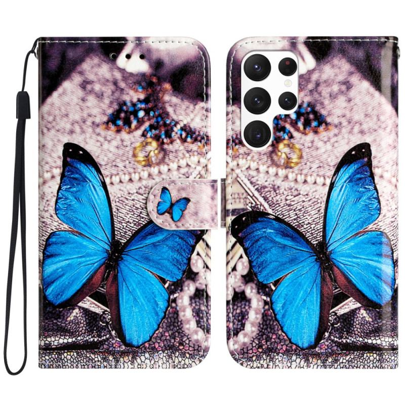 Housse Samsung Galaxy S24 Ultra 5G Papillon Bleu à Lanière