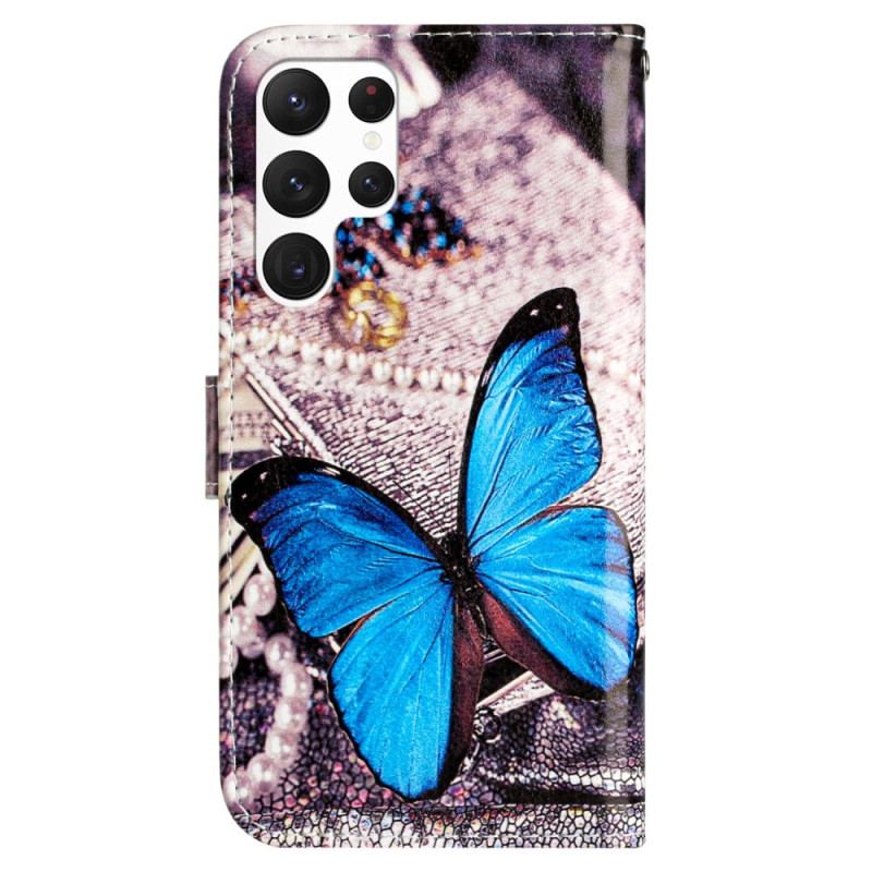 Housse Samsung Galaxy S24 Ultra 5G Papillon Bleu à Lanière