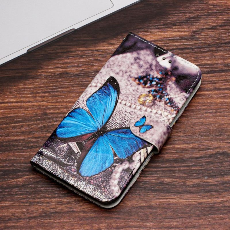 Housse Samsung Galaxy S24 Ultra 5G Papillon Bleu à Lanière