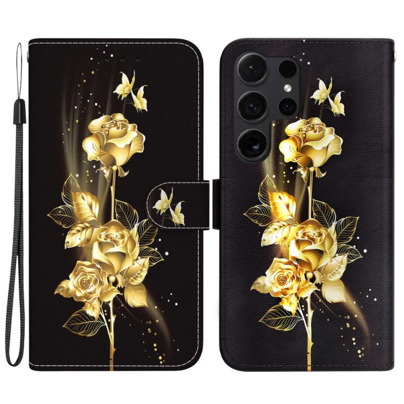 Housse Samsung Galaxy S24 Ultra 5G Papillon et Rose Dorés à Lanière