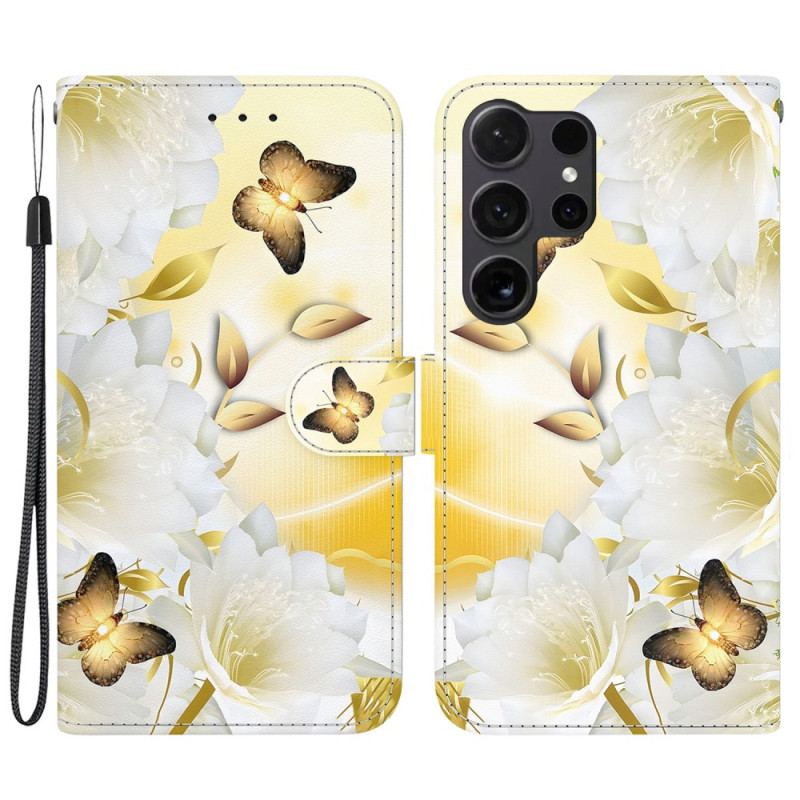 Housse Samsung Galaxy S24 Ultra 5G Papillons Dorés et Fleurs Blanches à Lanière