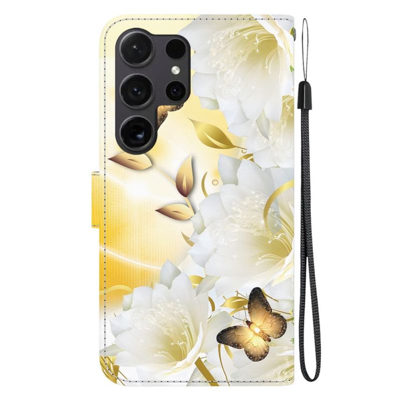 Housse Samsung Galaxy S24 Ultra 5G Papillons Dorés et Fleurs Blanches à Lanière