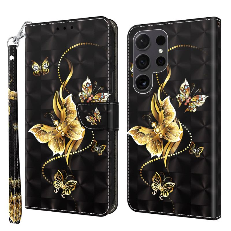 Housse Samsung Galaxy S24 Ultra 5G Papillons Dorés à Lanière