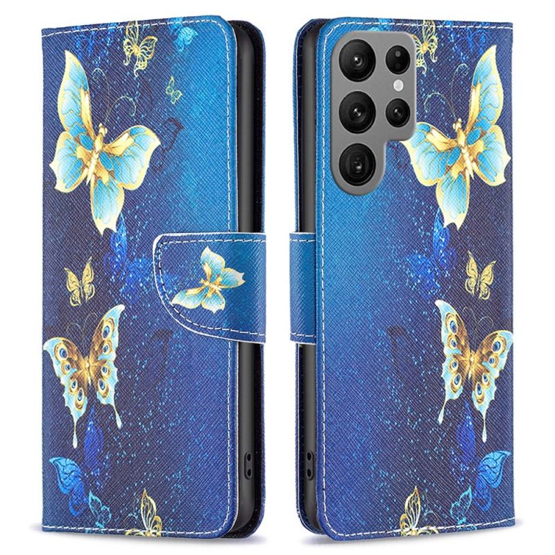 Housse Samsung Galaxy S24 Ultra 5G Papillons Dorés sur Fond Bleu