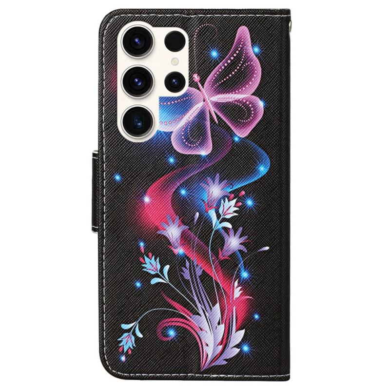 Housse Samsung Galaxy S24 Ultra 5G Papillons Fluorescents à Lanière