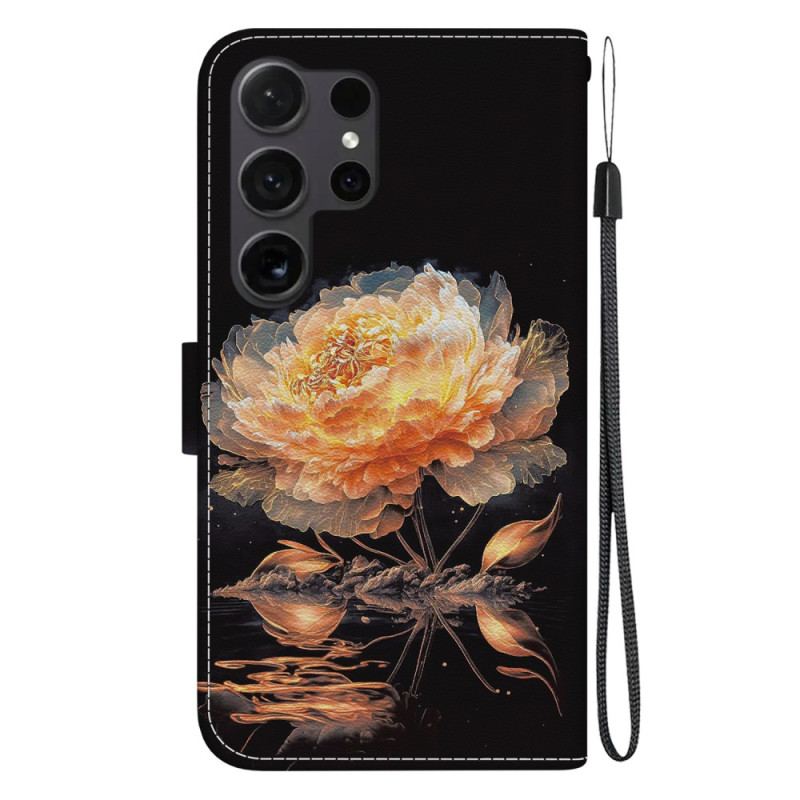 Housse Samsung Galaxy S24 Ultra 5G Pivoine Dorée à Lanière