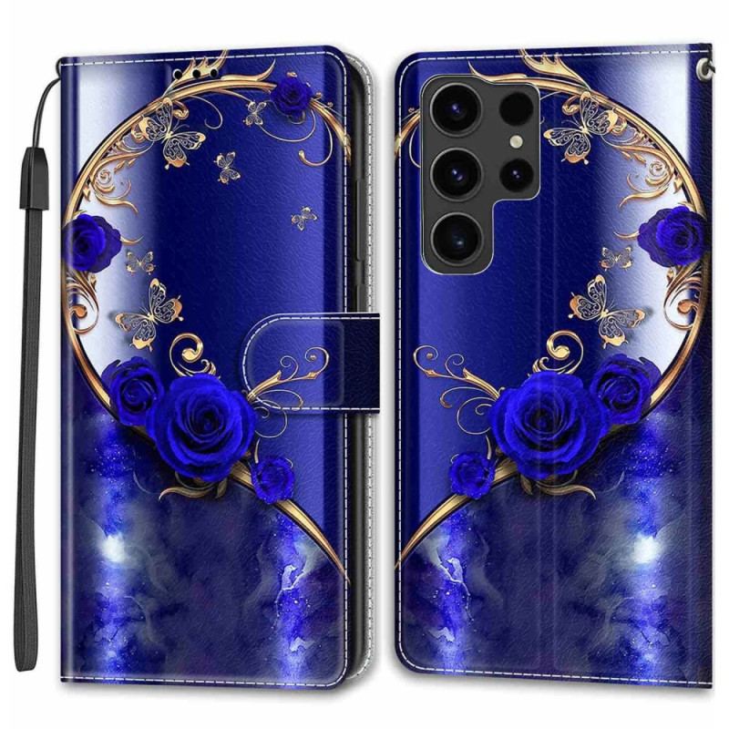 Housse Samsung Galaxy S24 Ultra 5G Rose Bleue et Papillons Dorés à Lanière