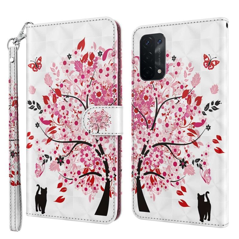 Housse Oppo A54 5G / A74 5G Chat et Arbre à Lanière