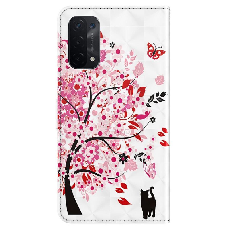 Housse Oppo A54 5G / A74 5G Chat et Arbre à Lanière