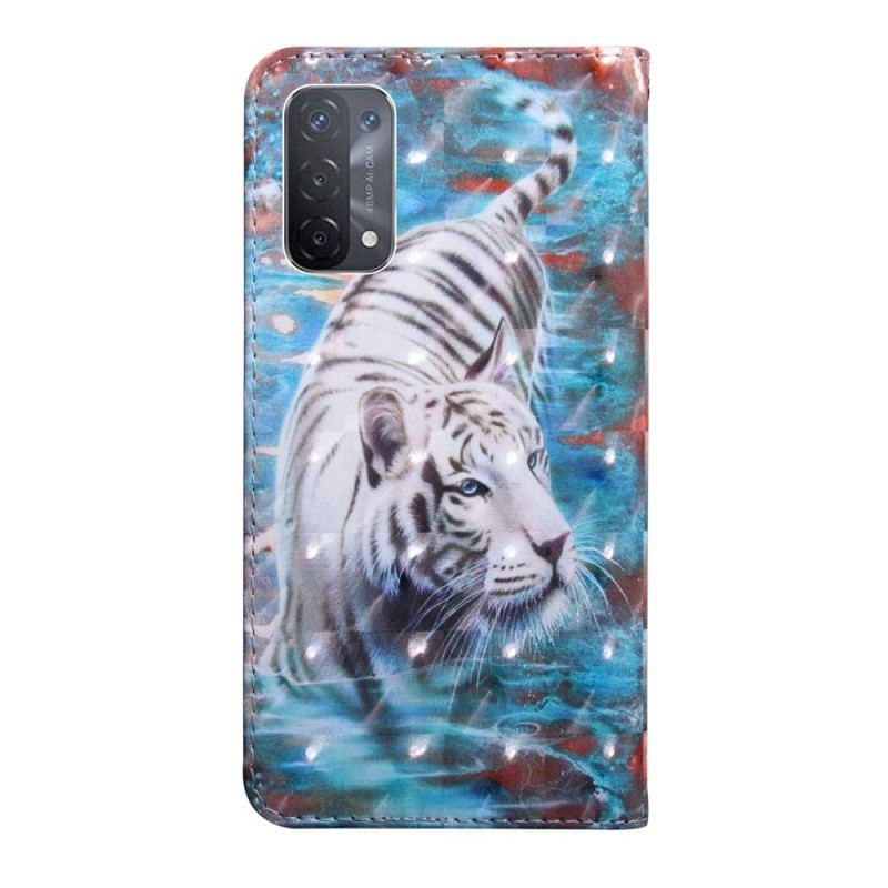 Housse Oppo A54 5G / A74 5G Simili Cuir Tigre avec Lanière