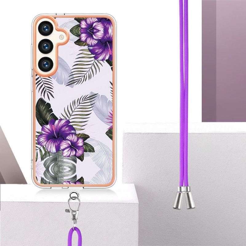 Coque à Cordon Samsung Galaxy S24 Plus 5G Fleurs Pourpres