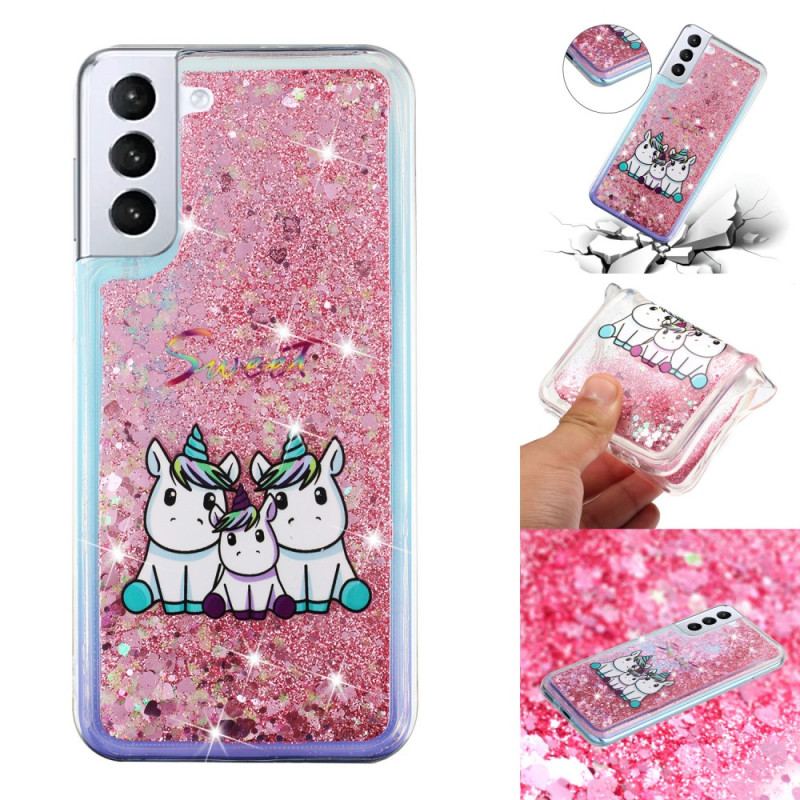 Coque Samsung Galaxy S24 Plus 5G Liquide Paillettes Trois Licornes