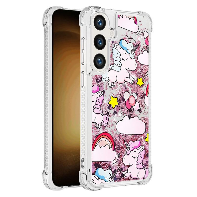 Coque Samsung Galaxy S24 Plus 5G Paillettes Liquides Licornes et Nuages