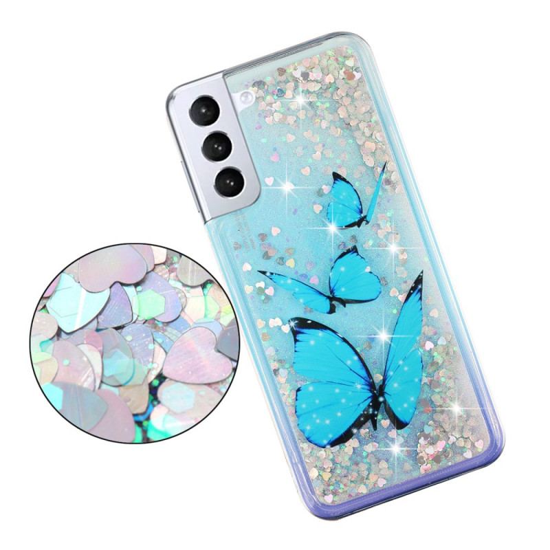 Coque Samsung Galaxy S24 Plus 5G Paillettes Liquides Papillons Bleus