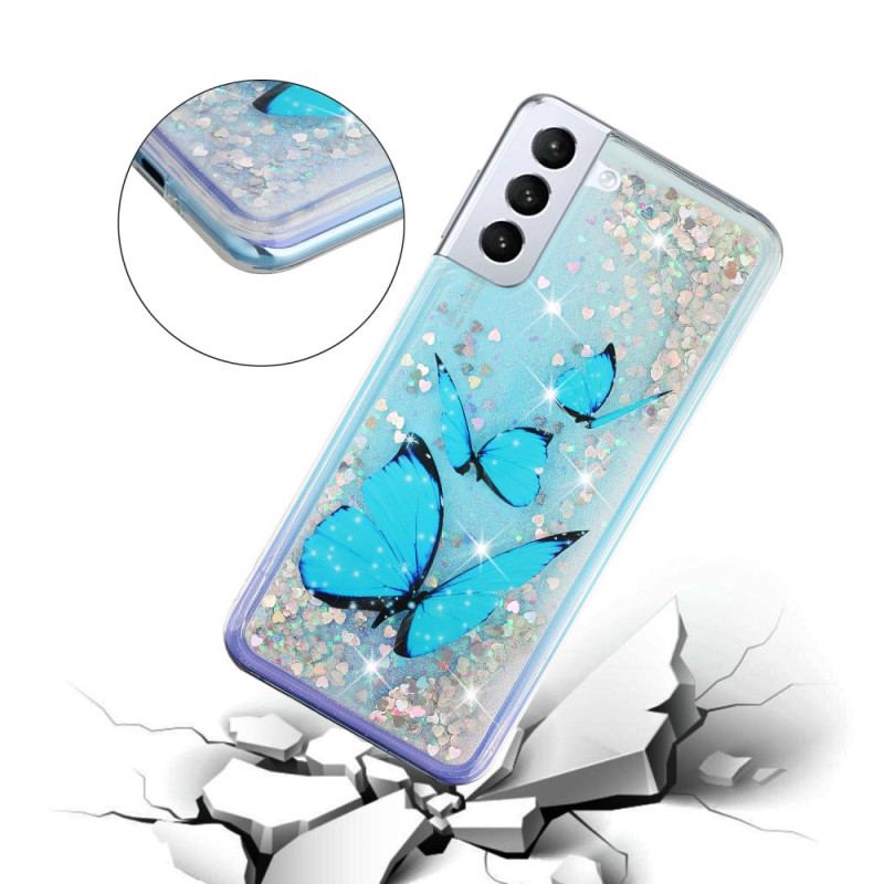 Coque Samsung Galaxy S24 Plus 5G Paillettes Liquides Papillons Bleus