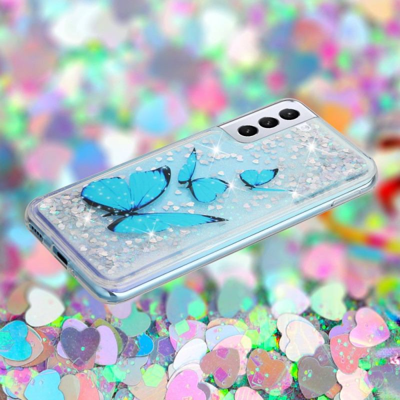 Coque Samsung Galaxy S24 Plus 5G Paillettes Liquides Papillons Bleus