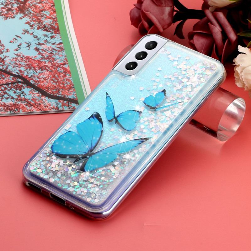 Coque Samsung Galaxy S24 Plus 5G Paillettes Liquides Papillons Bleus