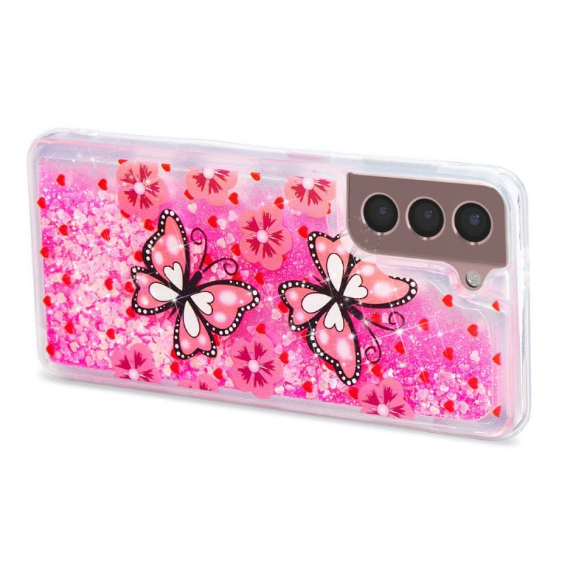 Coque Samsung Galaxy S24 Plus 5G Paillettes Liquides Papillons Rouges