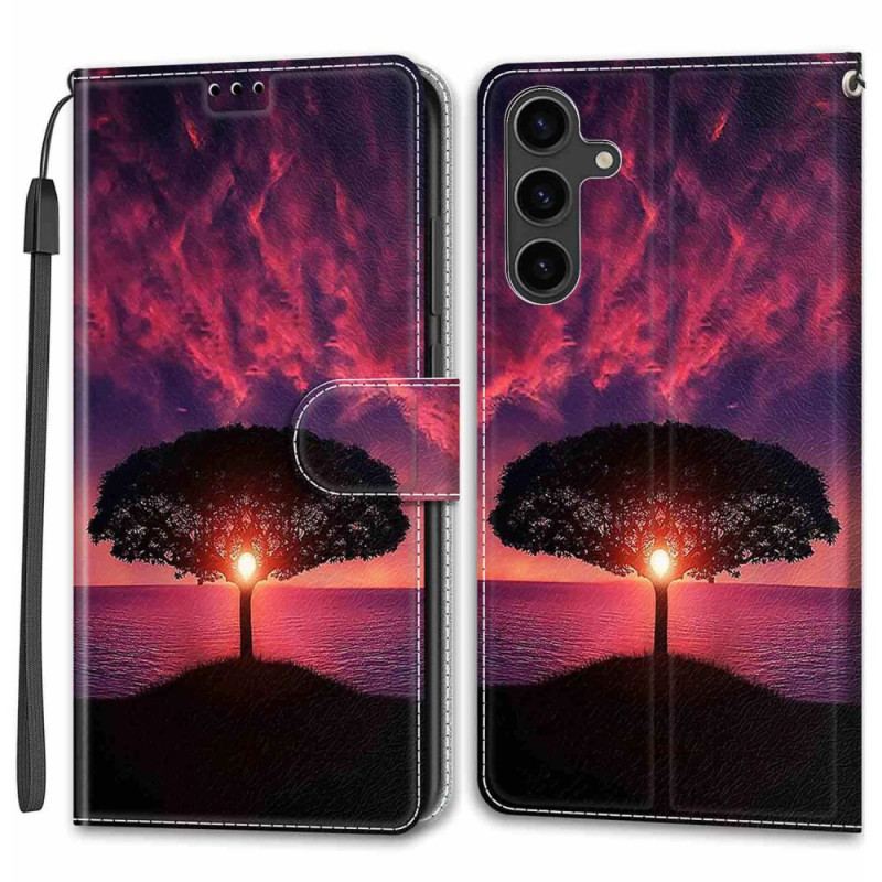 Housse Samsung Galaxy S24 Plus 5G Arbre Noir au Coucher de Soleil à Lanière