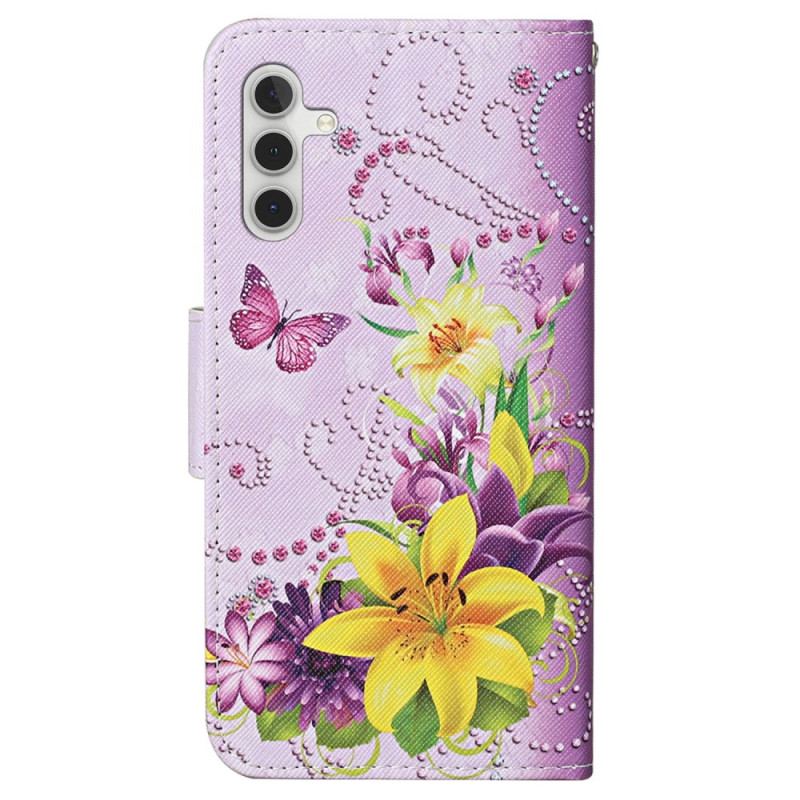 Housse Samsung Galaxy S24 Plus 5G fleurs jaunes et papillons à Lanière