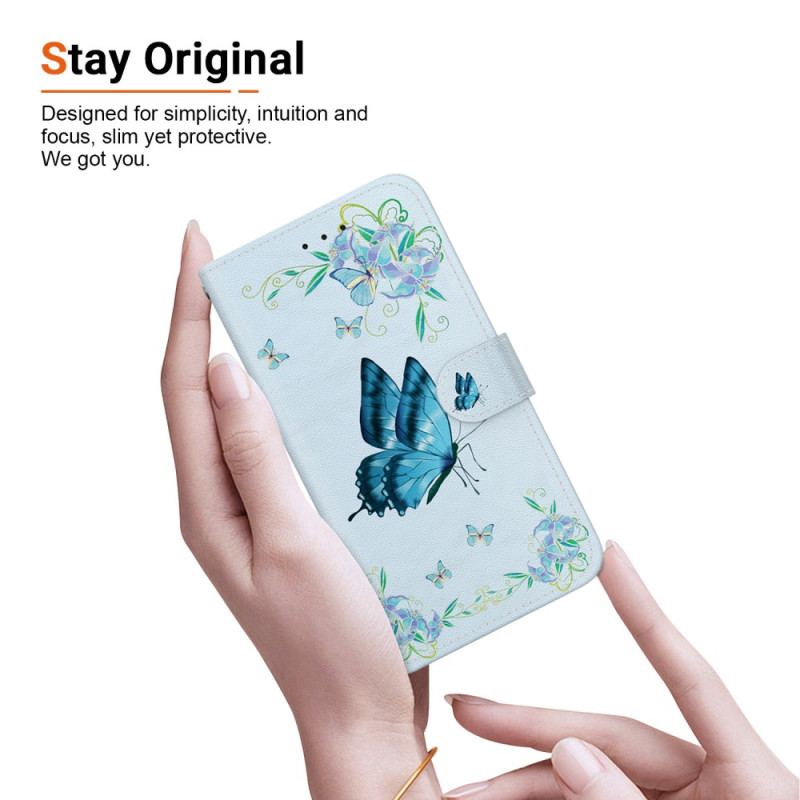 Housse Samsung Galaxy S24 Plus 5G Papillon Bleu et Fleur à Lanière