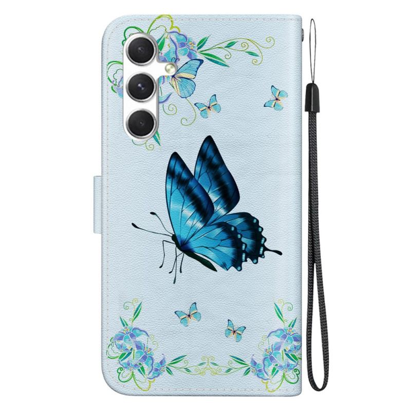 Housse Samsung Galaxy S24 Plus 5G Papillon Bleu et Fleur à Lanière