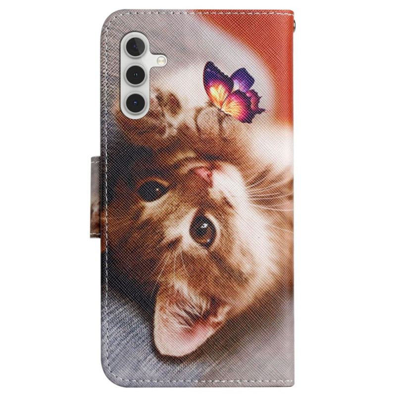 Housse Samsung Galaxy S24 Plus 5G Papillon et Chat à Lanière