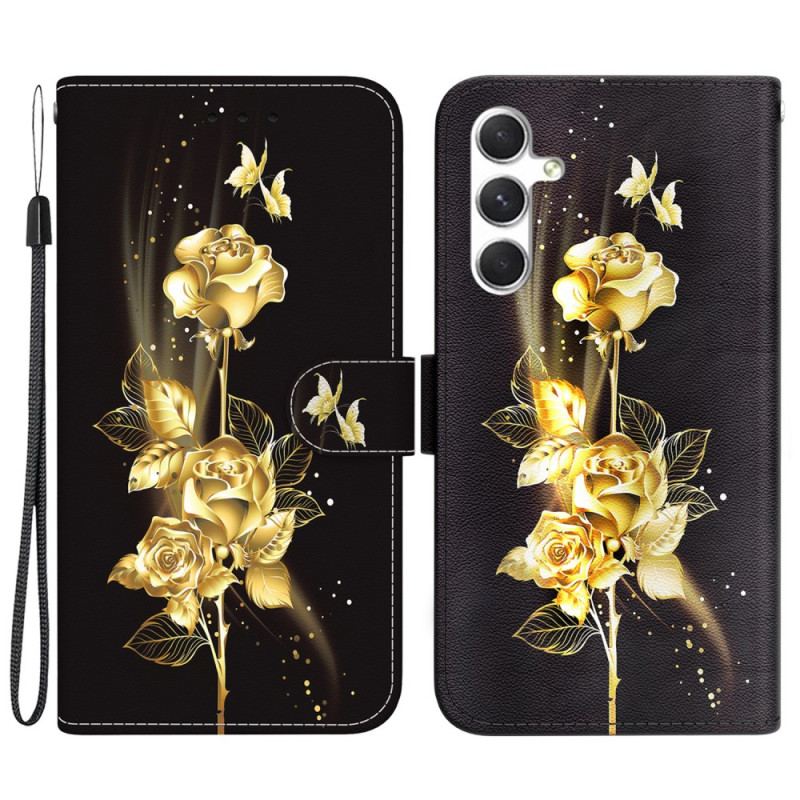 Housse Samsung Galaxy S24 Plus 5G Papillons Dorés et Rose à Lanière