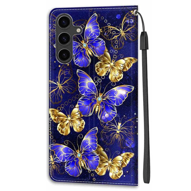 Housse Samsung Galaxy S24 Plus 5G Papillons Dorés et Violets à Lanière