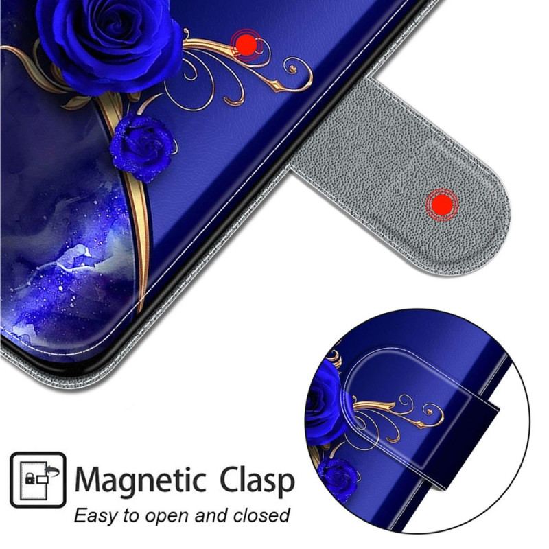 Housse Samsung Galaxy S24 Plus 5G Rose Bleue et Papillons Dorés à Lanière