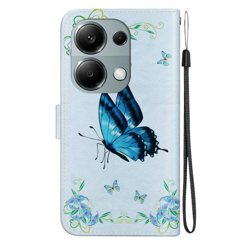 Housse Xiaomi Redmi Note 13 Pro 4G / Poco M6 Pro 4G Papillon Bleu et Fleurs à Lanière