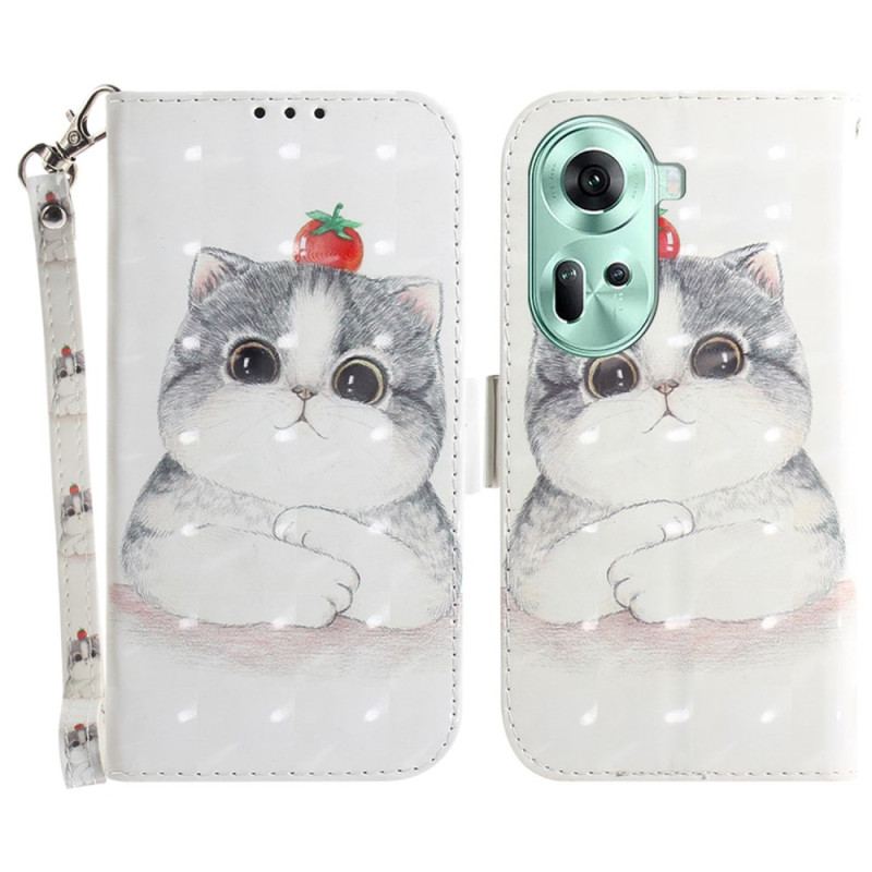 Housse Oppo Reno 11 5G Chat et Fraise à Lanière