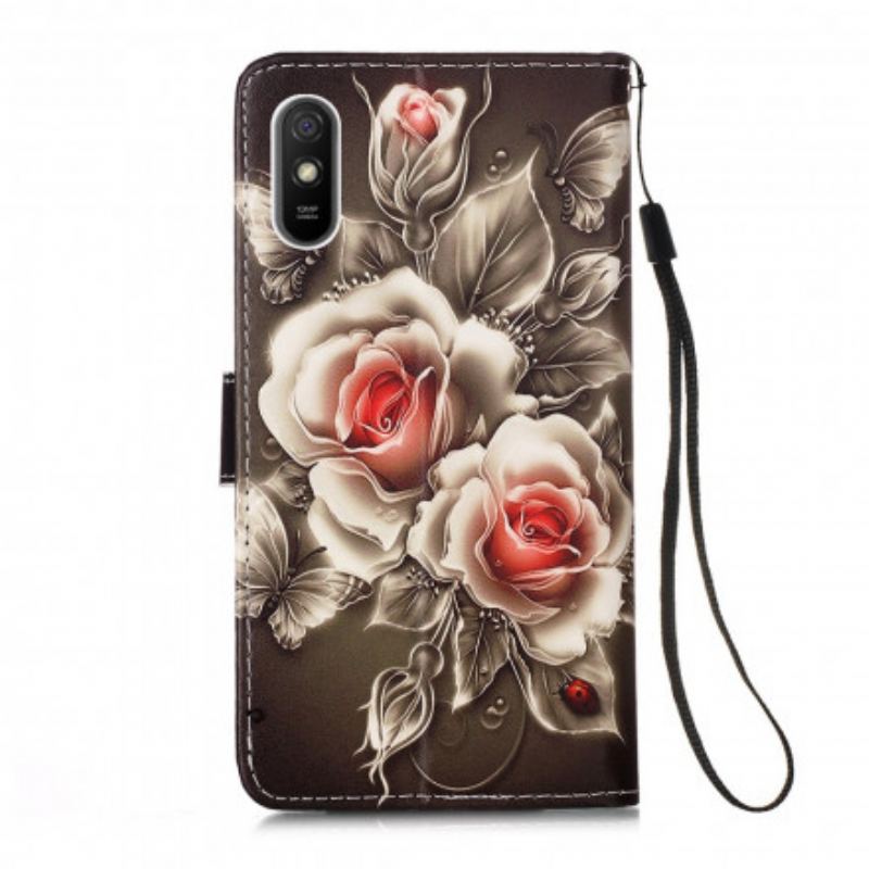 Housse Xiaomi Redmi 9A Rose Noire à Lanière