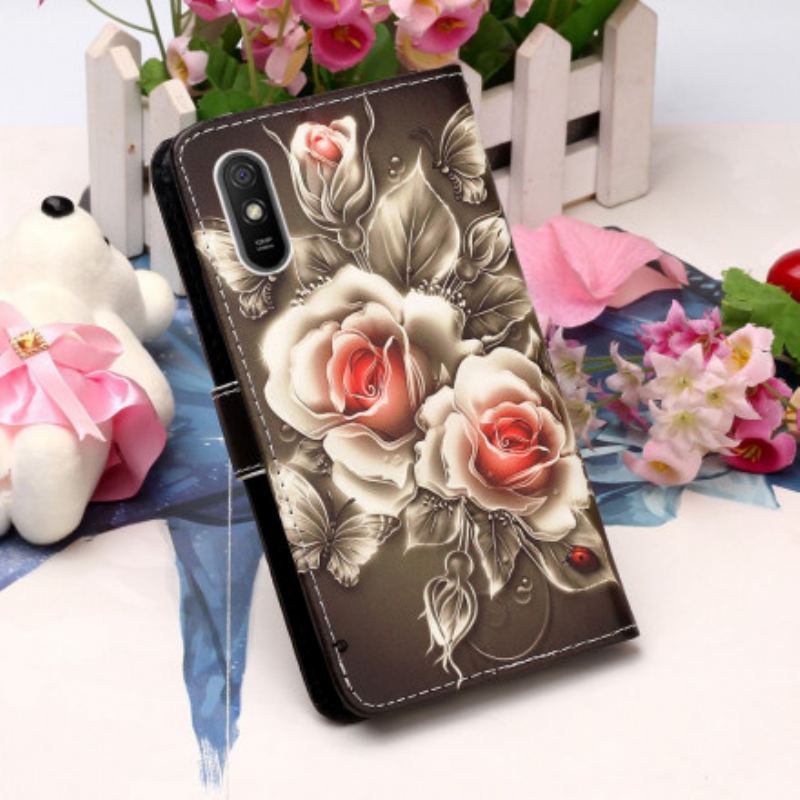 Housse Xiaomi Redmi 9A Rose Noire à Lanière