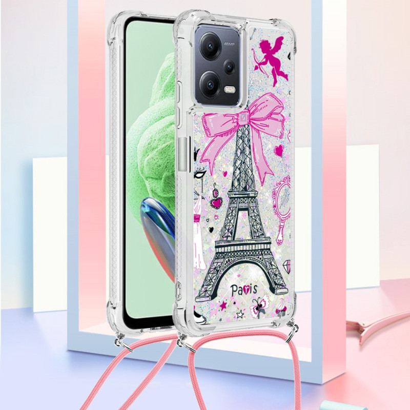 Coque Xiaomi Redmi Note 12/Poco X5 5G à Cordon Paillettes Tour Eiffel