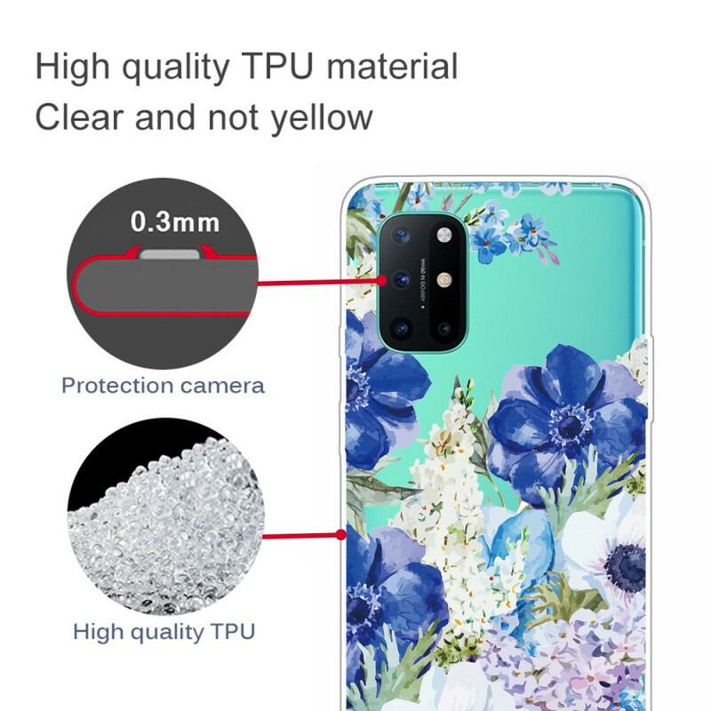 Coque OnePlus 8T Transparente Fleurs Bleues Aquarelle