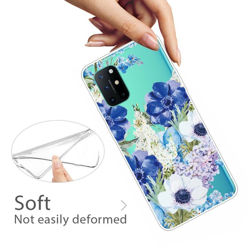 Coque OnePlus 8T Transparente Fleurs Bleues Aquarelle