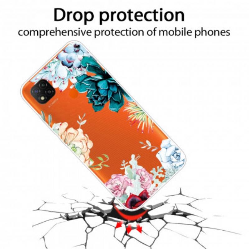 Coque Xiaomi Redmi 9C Transparente Fleurs Aquarelle