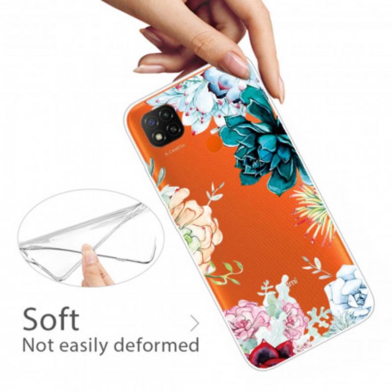 Coque Xiaomi Redmi 9C Transparente Fleurs Aquarelle