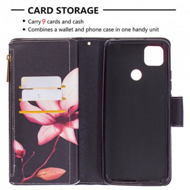 Housse Xaiomi Redmi 9C Poche Zippée Fleur