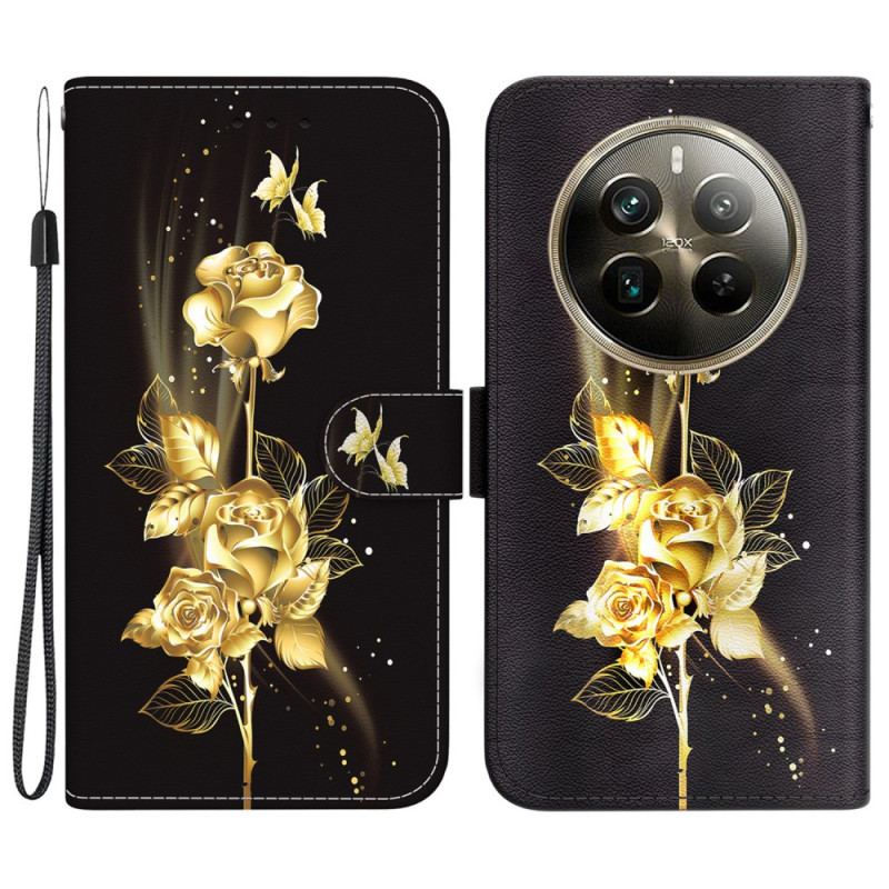 Housse Realme 12 Pro / 12 Pro Plus Papillon Doré et Rose à Lanière