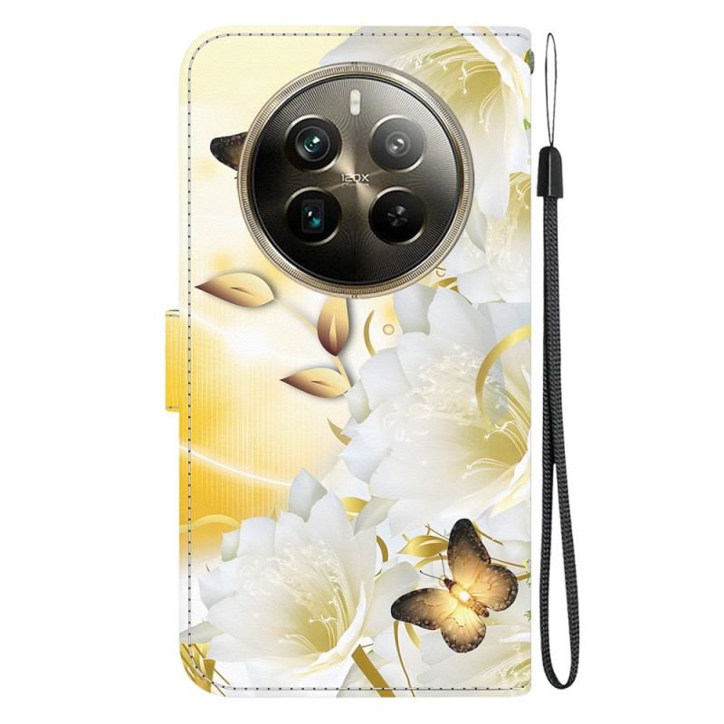 Housse Realme 12 Pro / 12 Pro Plus Papillons Dorés et Fleurs à Lanière