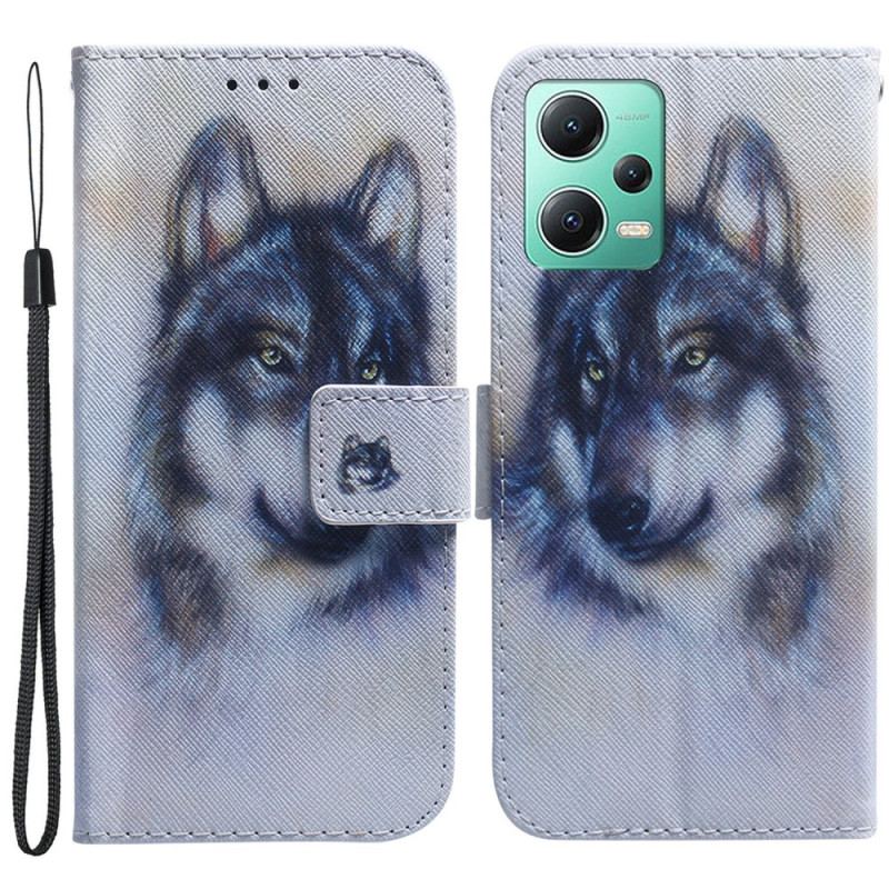 Housse Xiaomi Redmi Note 12/Poco X5 5G Loup Aquarelle à Lanière