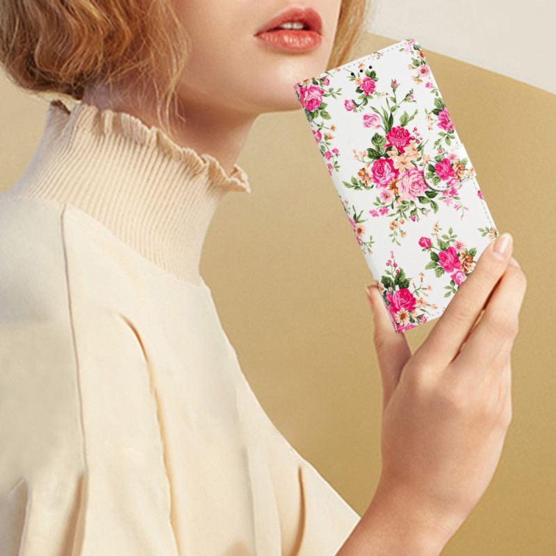 Housse Moto G73 5G Fleurs Liberty à Lanière