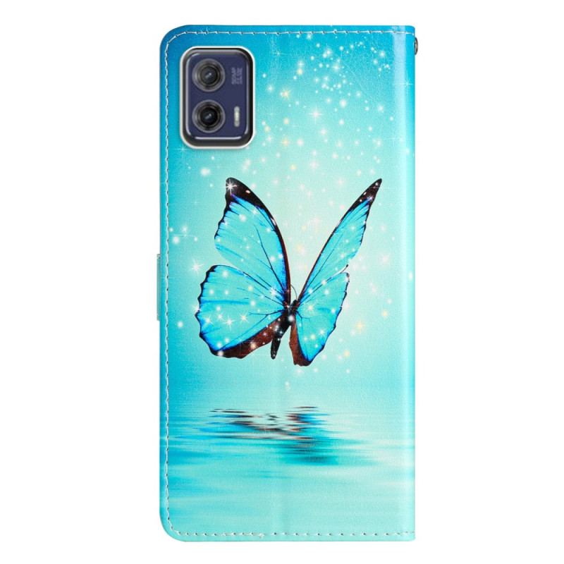 Housse Moto G73 5G Papillon Bleu à Lanière