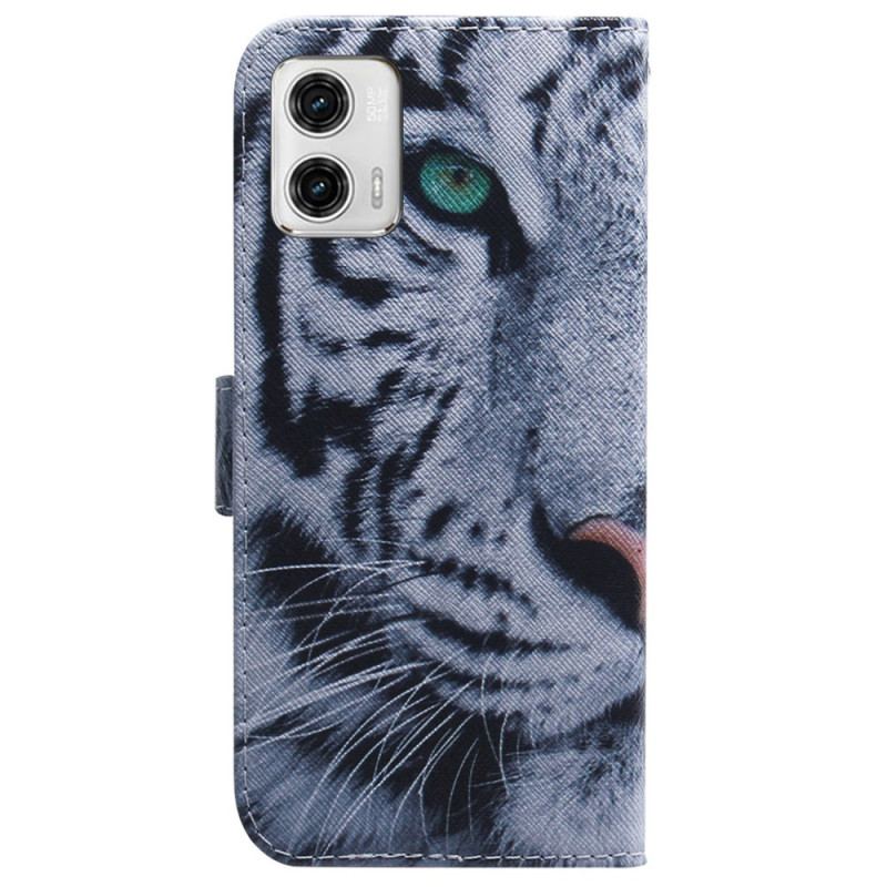 Housse Moto G73 5G Tigre Blanc à Lanière