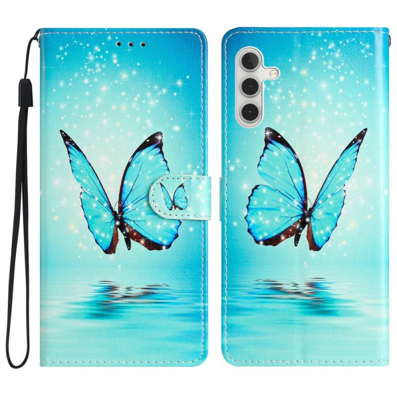 Housse Samsung Galaxy A54 5G Papillon Bleu à Lanière