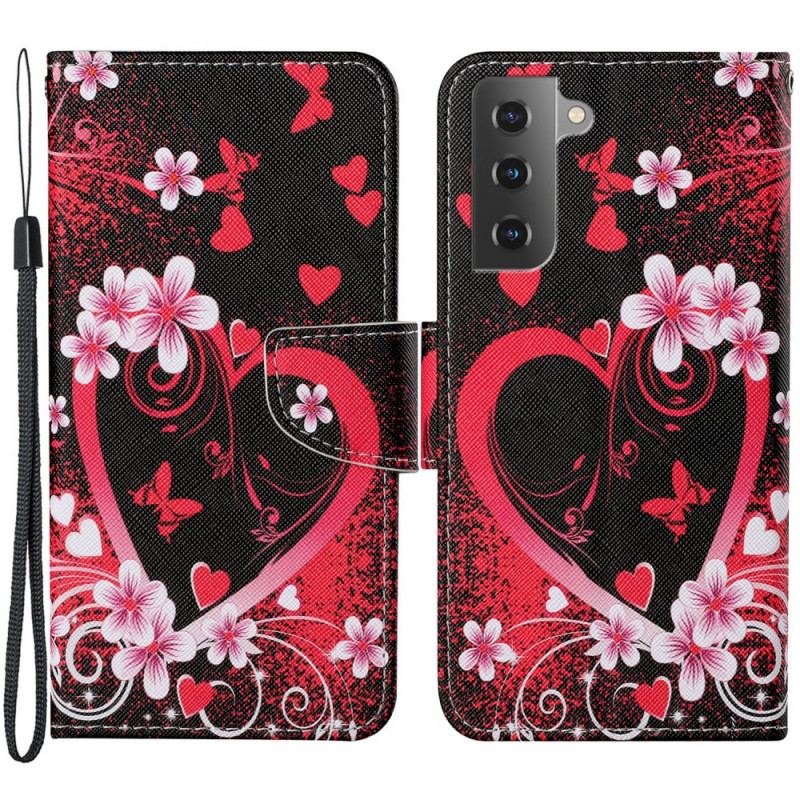 Housse Samsung Galaxy S22 PLus 5G Fleurs et Coeurs avec Lanière