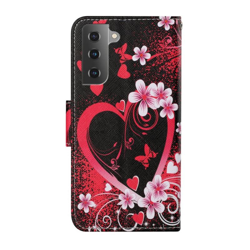 Housse Samsung Galaxy S22 PLus 5G Fleurs et Coeurs avec Lanière