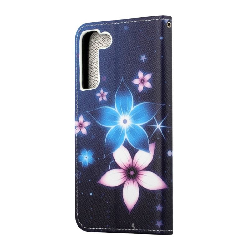 Housse Samsung Galaxy S22 Plus 5G Fleurs Lunaires à Lanière